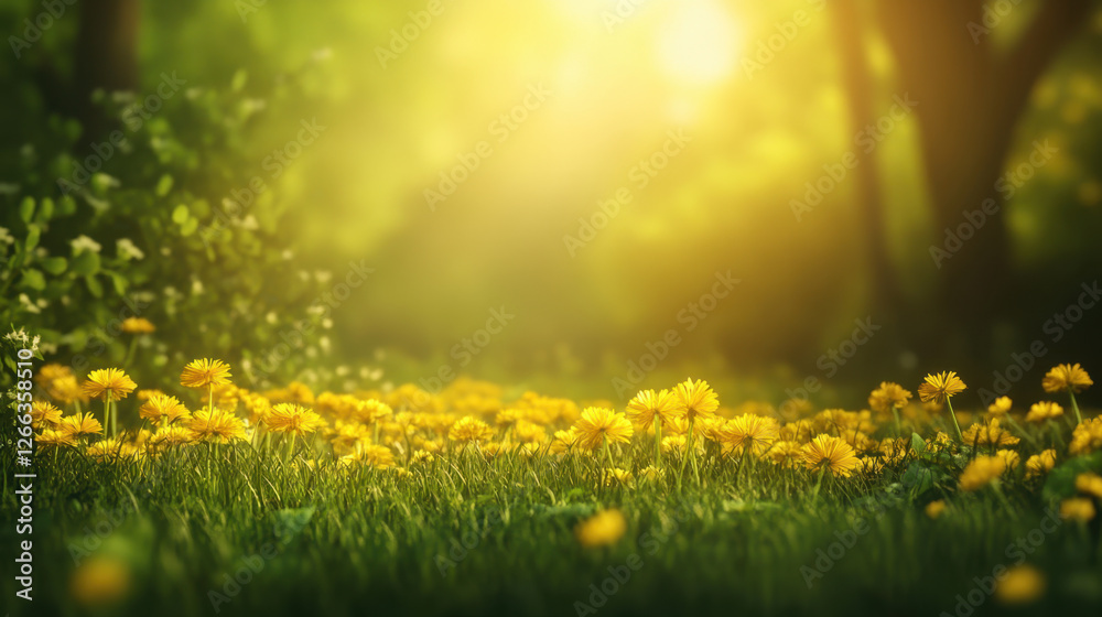 Obraz premium vibrant dandelion field in sunlit forest, showcasing nature beauty and tranquility. warm sunlight enhances cheerful yellow flowers, creating serene atmosphere
