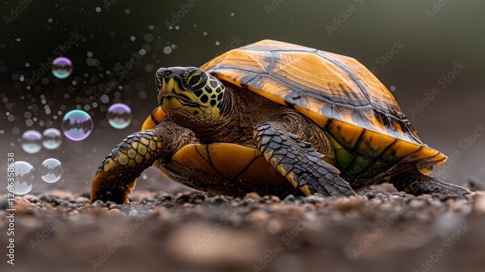 Naklejka premium Playful Turtle Yellow Shell Green Body Bubbles Nature Wildlife Reptile Close Up