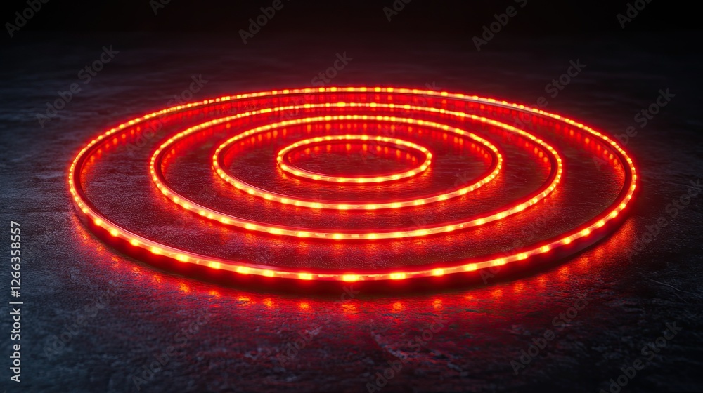 Fototapeta premium Circular arrangement of glowing red LED lights on a dark textured surface, creating a dynamic visual effect