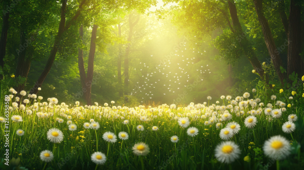 Obraz premium serene dandelion field in lush forest, illuminated by soft sunlight, creates peaceful atmosphere filled with nature beauty