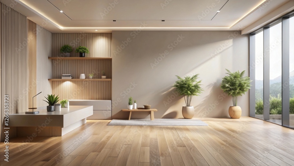 Fototapeta premium Serene Minimalist Living Room Interior Design with Natural Light and Wooden Accents