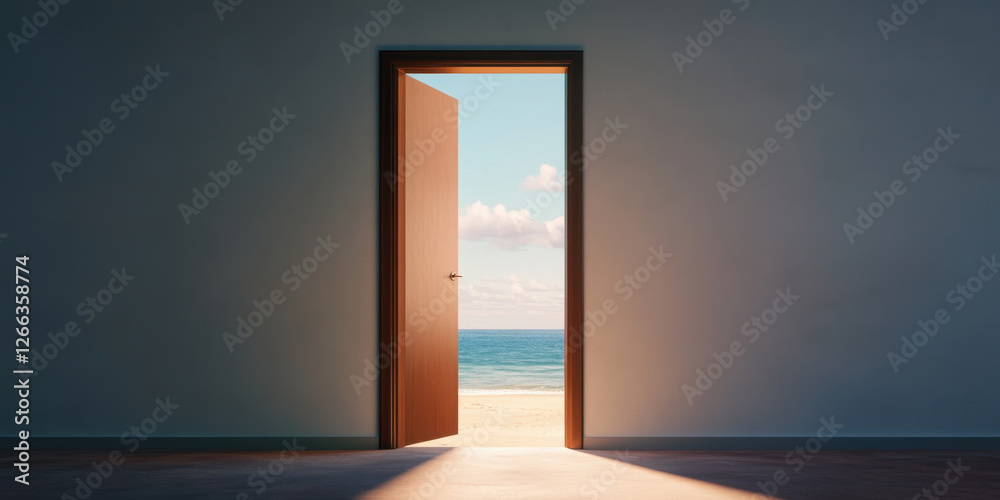 partly open door reveals sunny beach and ocean view, creating serene and inviting atmosphere. contrast between dark room and bright beach enhances sense of escape partly open door reveals sunny beach and ocean view, creating serene and inviting atmosphere. contrast between dark room and bright beach enhances sense of escape