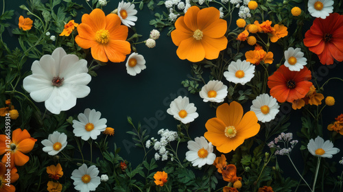 Wallpaper Mural Bright orange and white flowers arranged beautifully on dark green background, creating vibrant and cheerful floral display. mix of colors and textures adds lively touch to any setting Torontodigital.ca