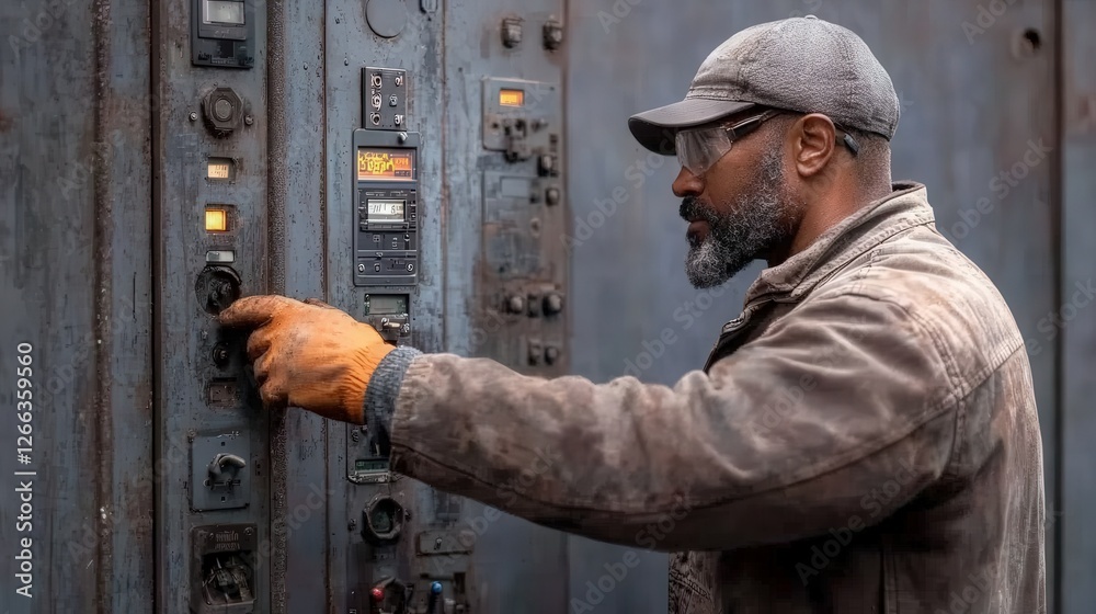A safety inspector examining an industrial control panel, ensuring proper safety measures are followed A safety inspector examining an industrial control panel, ensuring proper safety measures are followed