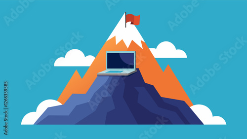 Though dwarfed by the vastness of the mountain the laptops presence is a reminder of our ability to create and innovate in even the most extreme settings.. Vector illustration