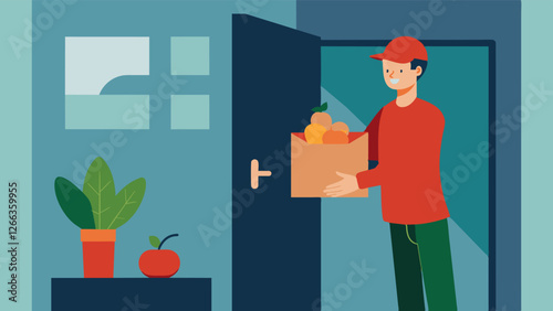 The workationer takes advantage of the buildings concierge service to have groceries delivered directly to their door for the ultimate convenience.. Vector illustration