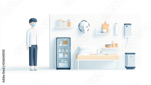 Man in Mask  Home Office  Minimalist Bedroom  Quarantine Life  3D Illustration photo