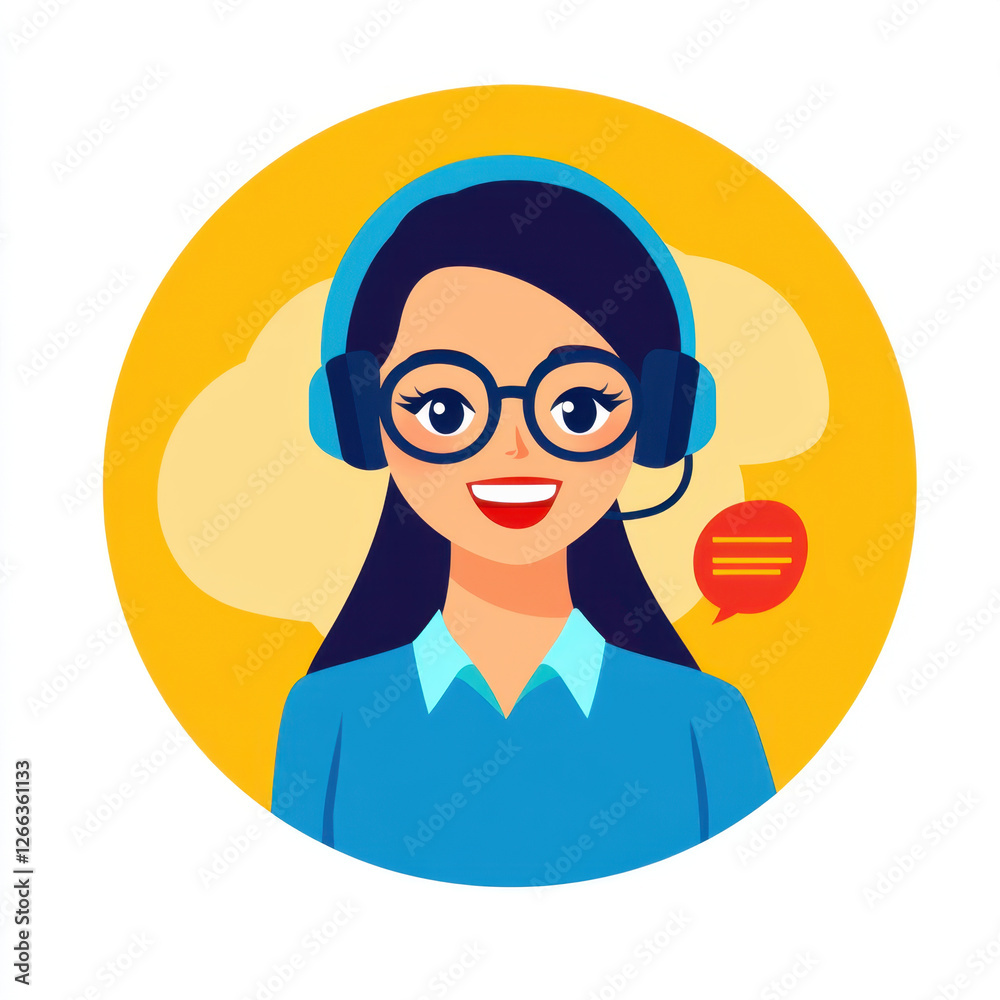 Friendly customer service representative with headset and glasses, smiling warmly. Ideal for illustrating support and communication concepts Friendly customer service representative with headset and glasses, smiling warmly. Ideal for illustrating support and communication concepts