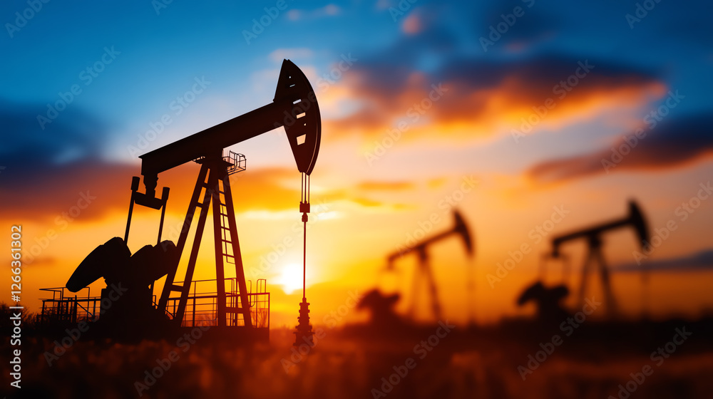 Silhouetted oil pumps operating against a stunning sunset backdrop, highlighting the role of the oil industry in modern energy production and economic development. Silhouetted oil pumps operating against a stunning sunset backdrop, highlighting the role of the oil industry in modern energy production and economic development.