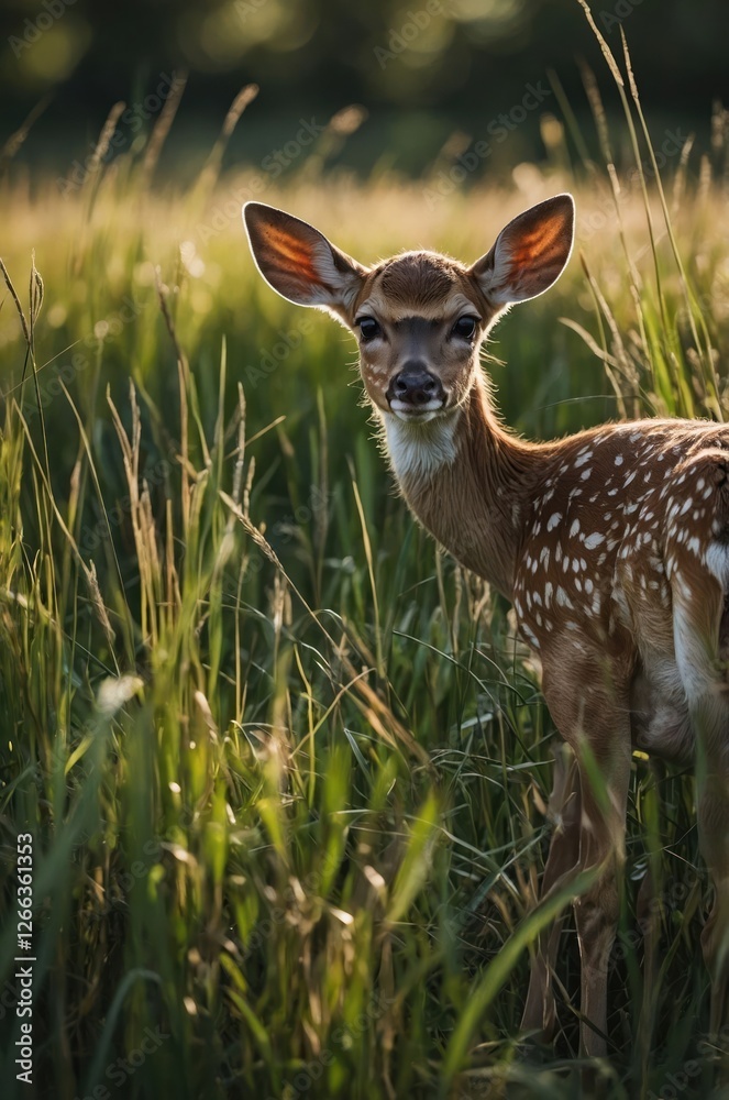 A young fawn stands amidst tall grass, illuminated by soft sunlight. A young fawn stands amidst tall grass, illuminated by soft sunlight.