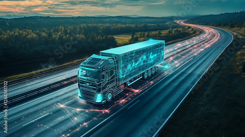 A futuristic electric truck transporting goods on a highway with advanced tech systems (1)