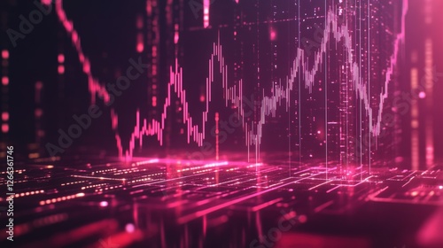 Abstract digital data visualization with pink and purple tones depicting fluctuating graphs and lines