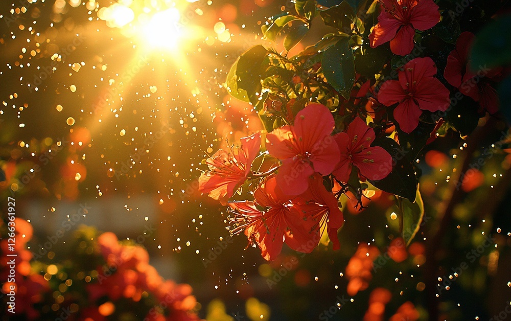 Sunlit red flowers with water droplets. Sunlit red flowers with water droplets.