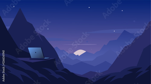 Under a clear starry sky a laptop is p on a rocky ledge allowing the user to work while admiring the silhouette of mountains against the night sky.. Vector illustration
