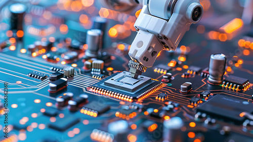 A detailed close-up of a high-speed robotic pick and place machine placing components on a circuit board in an electronics production line.

