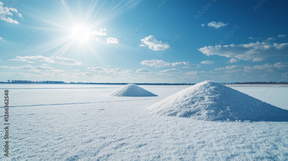 Sparkling salt formations standing in symmetry under the bright sun, creating a stunning contrast with the deep blue sky, copy space. Sparkling salt formations standing in symmetry under the bright sun, creating a stunning contrast with the deep blue sky, copy space.