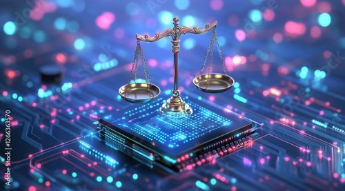 Digital illustration of the scales of justice on top of an AI circuit board, symbolizing technology and law in modern work settings.
