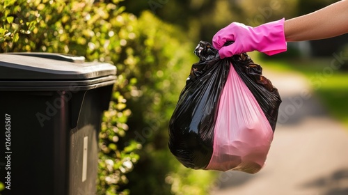 Person in pink gloves disposing of a black and pink garbage bag near a bin outdoors.