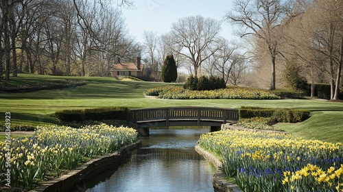 Spring garden bridge, daffodils, stream, house, park