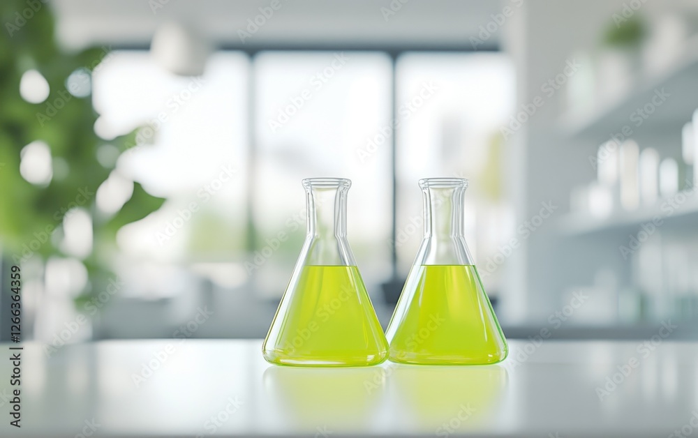 Two Erlenmeyer flasks filled with bright green liquid sit on a lab table in a modern, bright laboratory. Two Erlenmeyer flasks filled with bright green liquid sit on a lab table in a modern, bright laboratory.