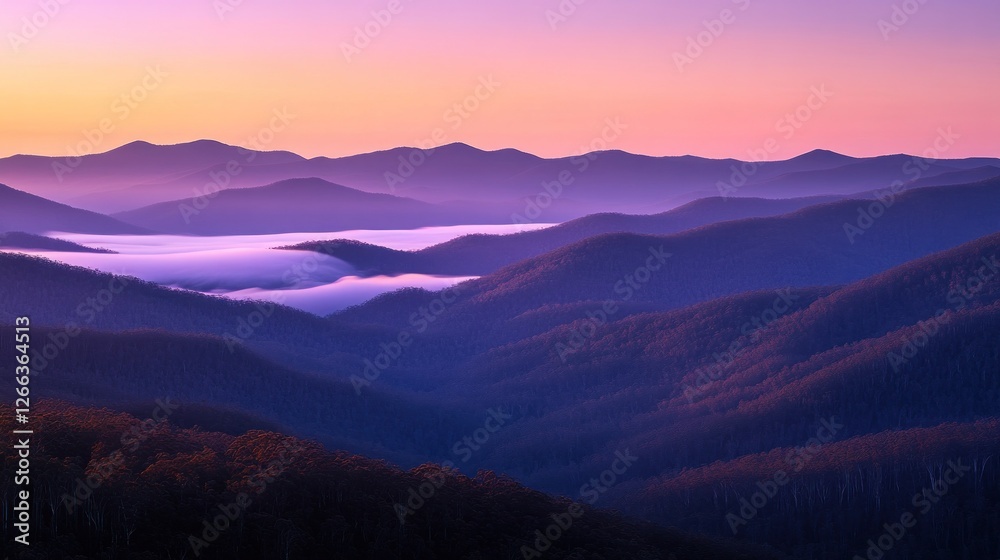 Fototapeta premium Serene sunrise over misty mountain range, showcasing layers of purple and pink hues.