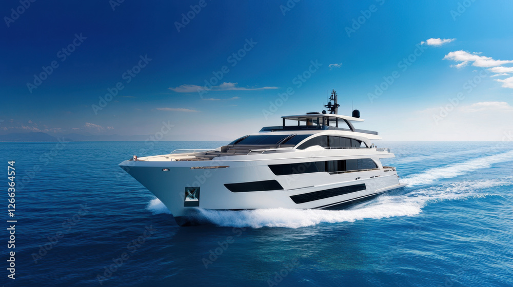 Luxurious motor yacht cruising in open sea, showcasing modern design and elegance. clear blue sky and calm waters enhance serene atmosphere of this stunning vessel Luxurious motor yacht cruising in open sea, showcasing modern design and elegance. clear blue sky and calm waters enhance serene atmosphere of this stunning vessel