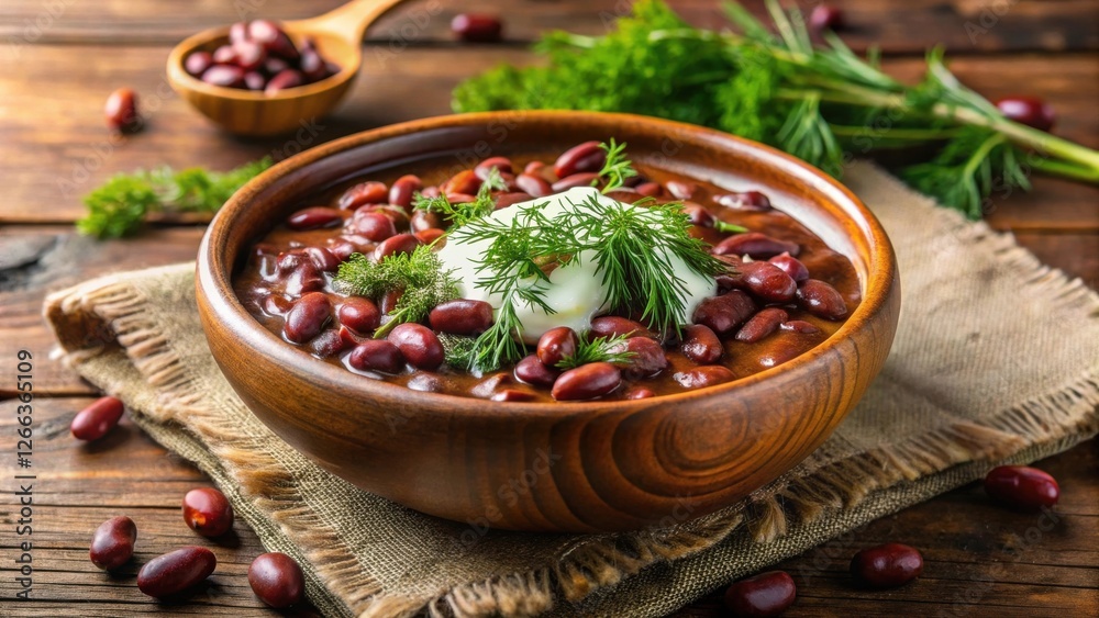 Aromatic Kidney Bean Stew with Creamy Topping and Fresh Herbs in Rustic Wooden Bowl Aromatic Kidney Bean Stew with Creamy Topping and Fresh Herbs in Rustic Wooden Bowl
