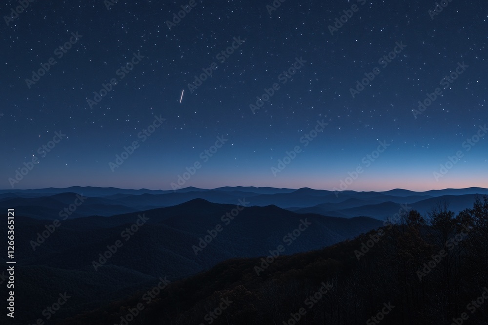 Naklejka premium Starry night sky over a mountain range at twilight.