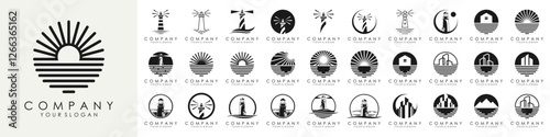 set of Lighthouses and ocean logo design. vector illustration