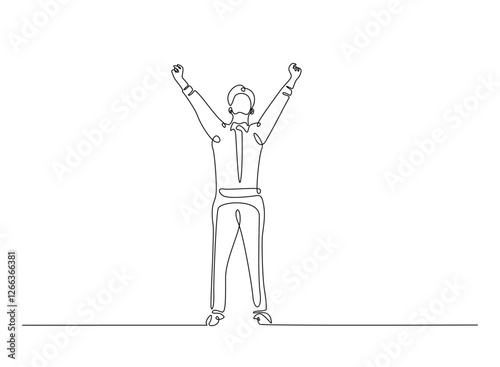 Successful businessman in continuous one line drawing. Businessman Lifting His Arms Up in one line draw. Editable vector.