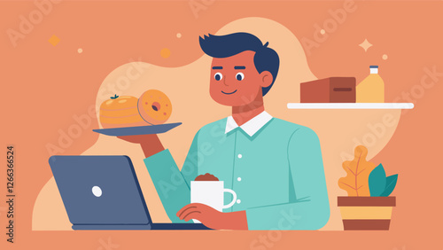 With a delicious pastry in one hand and their laptop in the other the freelancer enjoyed the perfect combination of sustenance and productivity in the comfortable art gallery. Vector illustration