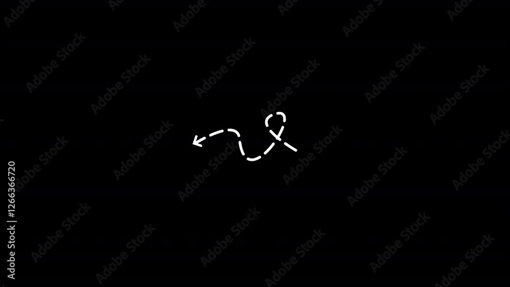 Wavy left arrow direction icon with dotted line animation. Black background. Wavy left arrow direction icon with dotted line animation. Black background.