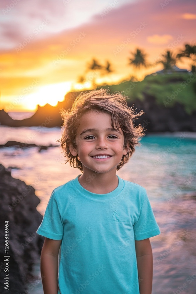 Happy boy smiling at sunset by ocean. Happy boy smiling at sunset by ocean.