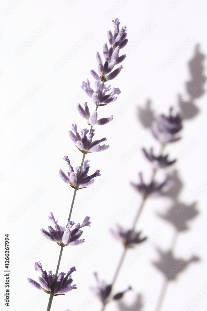 Naklejka premium Two lavender sprigs against a white background, casting shadows.