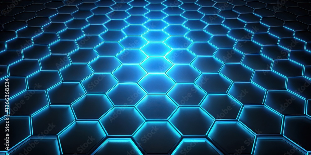 Abstract Hexagonal Grid Illuminated with Bright Blue Neon Light Glowing From Within the Center Abstract Hexagonal Grid Illuminated with Bright Blue Neon Light Glowing From Within the Center