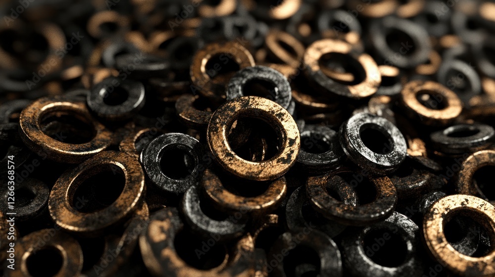 Abstract Metallic Rings: A Textured Composition of Golden and Black Washers Abstract Metallic Rings: A Textured Composition of Golden and Black Washers