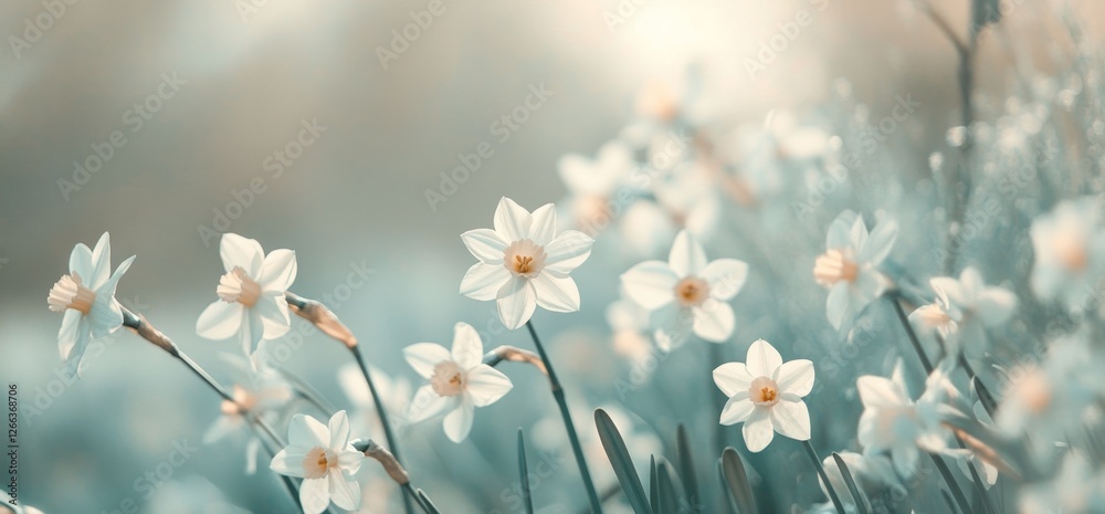 Soft-focus image of delicate white daffodils blooming in a field. Soft-focus image of delicate white daffodils blooming in a field.
