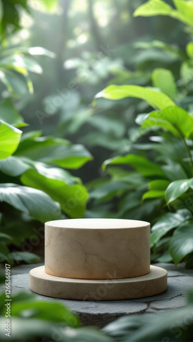 Stone tabletop podium floor in outdoors tropical garden forest blurred green leaf plant nature backgroundNatural product placement pedestal stand display photo