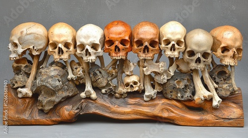 A collection of intricately carved human skulls arranged on a wooden base, showcasing detailed anatomy