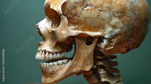 Detailed close-up of a human skull showcasing intricate textures and colors against a muted background