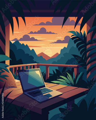 With the laptop glowing in the dim light a veranda reveals a magnificent view of a dense jungle illuminated by the setting sun.. Vector illustration