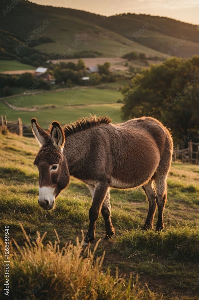 A donkey grazing peacefully in a lush green landscape during sunset. A donkey grazing peacefully in a lush green landscape during sunset.