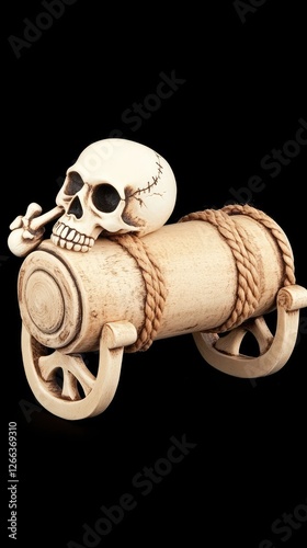 Intricate carved skull resting on a barrel with rope, showcasing craftsmanship against a dark backdrop