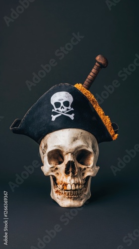 A pirate-themed skull wearing a tricorn hat with a sword, set against a dark background