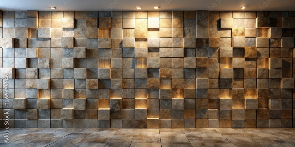 Fototapeta premium Illuminated Cubed Wall Paneling in a Modern Interior Space