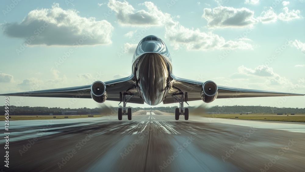 Fototapeta premium Sleek silver airplane taking off from runway, low angle view.