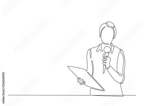 Beautiful lady reporter holding microphone illustration in continuous one line drawing. Journalist woman in one line draw. Editable vector.