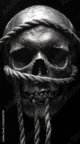 Dark and moody skull wrapped in rope, symbolizing entrapment and mortality against a black backdrop
