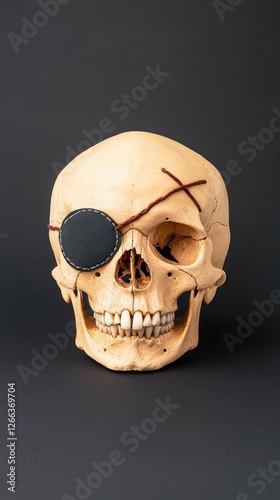 Realistic human skull with an eye patch and stitches on a dark background, showcasing a unique design