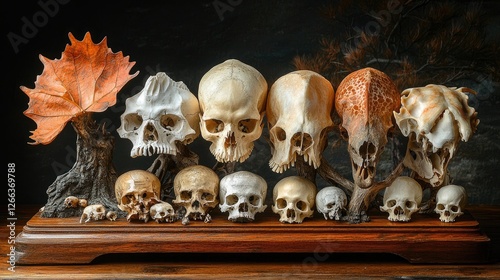 A collection of various animal skulls displayed on a wooden base with a decorative leaf nearby